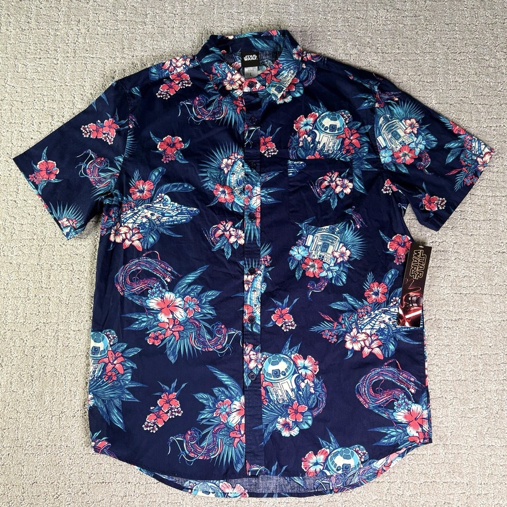Star Wars R2D2 x MILLENNIUM FALCON Blue Button Hawaiian Shirt Men's Size L  NWT